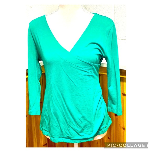 Soft Surroundings Women's Green Ruched Faux Wrap Shirt Size Petite Small - Picture 1 of 5